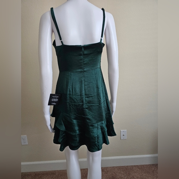 NWT LULUS Dreams Come True Emerald Green Satin Ruffled Mini Dress - Picture 7 of 7